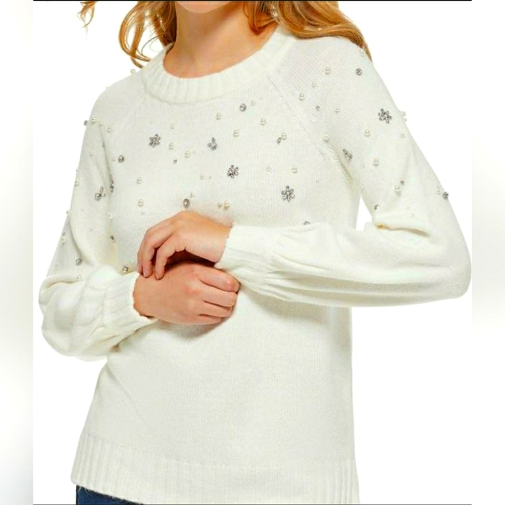NEW Karl Lagerfeld Paris Designer Knit Sweater Embellished Crew Neck Sz XL